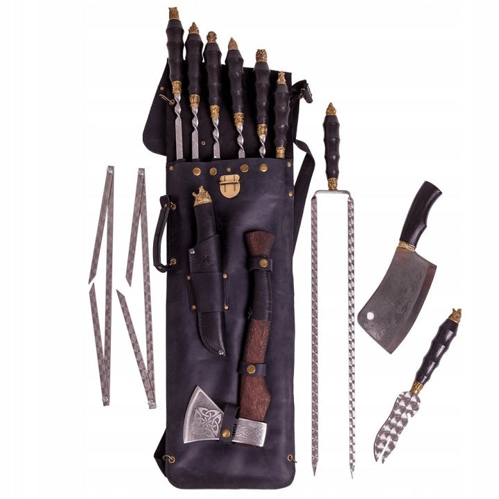 Set Szeryf de 6 pinchos para barbacoa en estuche de cuero