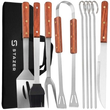 Set de accesorios para barbacoa con pinzas, espátula, brochetas y estuche