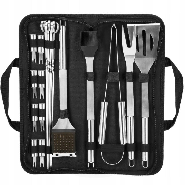 Set 21 en 1 de accesorios para barbacoa con espátula, pinzas y estuche