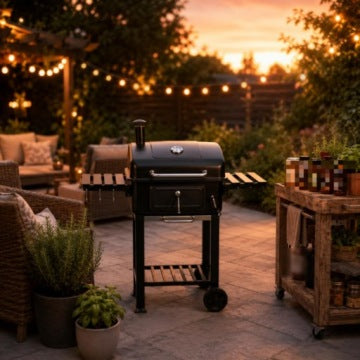 Grill negro con estantes laterales y tapa curva