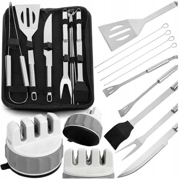 Set de accesorios para barbacoa con pinzas y afilador