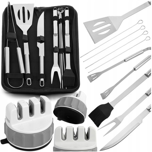 Set de accesorios para barbacoa con pinzas y afilador