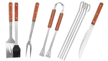 Set de accesorios para barbacoa con pinzas, espátula, brochetas y estuche