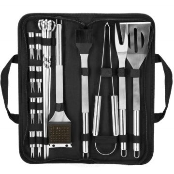 Set 21 en 1 de accesorios para barbacoa con espátula, pinzas y estuche