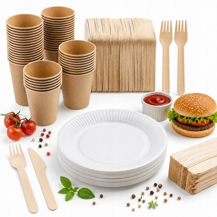 Set ecológico para grill y picnic con vasos y cubiertos desechables