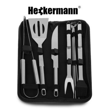 Set 9 en 1 de accesorios de acero inoxidable para barbacoa con pinzas y estuche