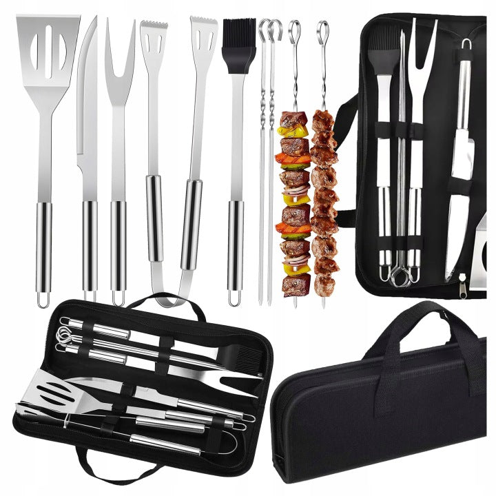 Set 10 en 1 de accesorios de acero inoxidable para barbacoa con pinzas y estuche