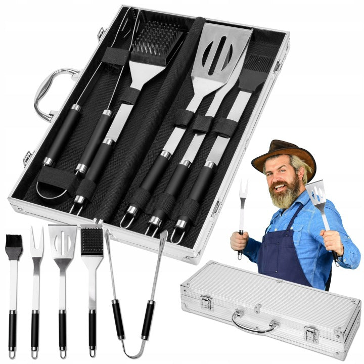 Set 6 en 1 de utensilios para barbacoa en maletín