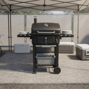 Grill negro con estantes laterales y tapa curva