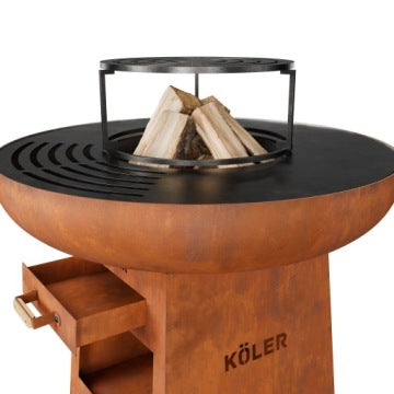 Brasero de jardín Koler Herd X1 de acero corten con parrilla y estantes