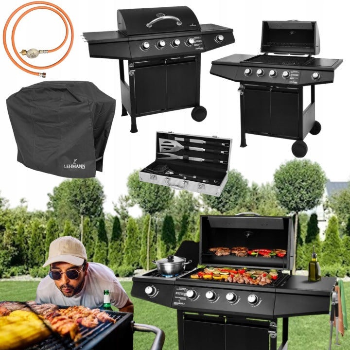 Gran grill de gas Lehmann con parrilla de hierro fundido y accesorios
