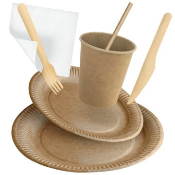 Set ecológico desechable para barbacoa con platos, cubiertos y servilletas