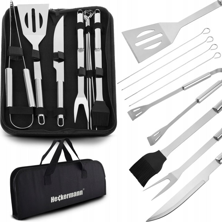Set 9 en 1 de accesorios de acero inoxidable para barbacoa con pinzas y estuche