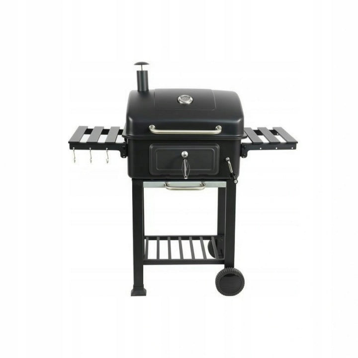 Grill negro con estantes laterales y tapa curva