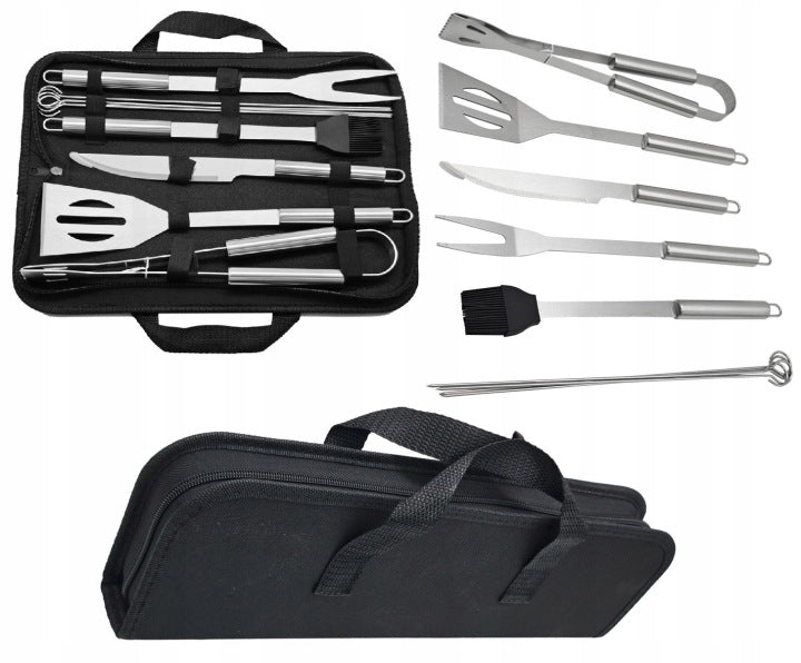 Set de 9 accesorios de acero inoxidable para barbacoa con maletín