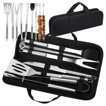 Set 10 en 1 de accesorios de acero inoxidable para barbacoa con pinzas y estuche